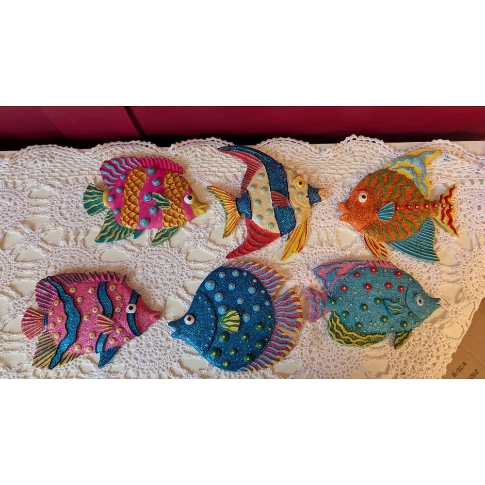 Colorful Tropical Glitter Fish Resin Wall Art Plaques Hanging Decor Set Of 6